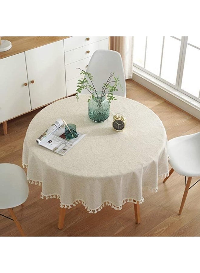 Cotton Linen TableCloth Solid Color Tassel Round Beige Tablecloth Dust-Proof Shrink-Proof Table Cover for Kitchen Dinning Tabletop Decoration (Beige, Round-120cm) - Image 1